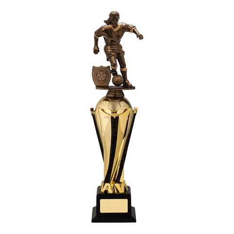 Gallant Female Football Trophy, 350mm, Antique Gold & Gold, with engraved plate