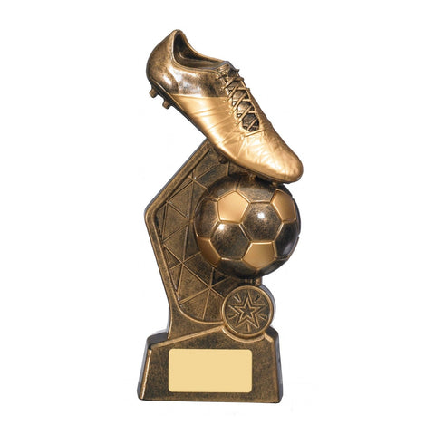 Hex Boot & Ball Football Trophy, 220mm, Antique Gold, with engraved plate