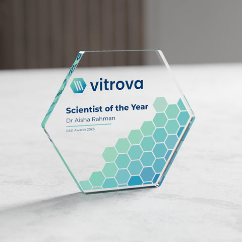 Hexagon Acrylic Award, 10cm, with engraved plate